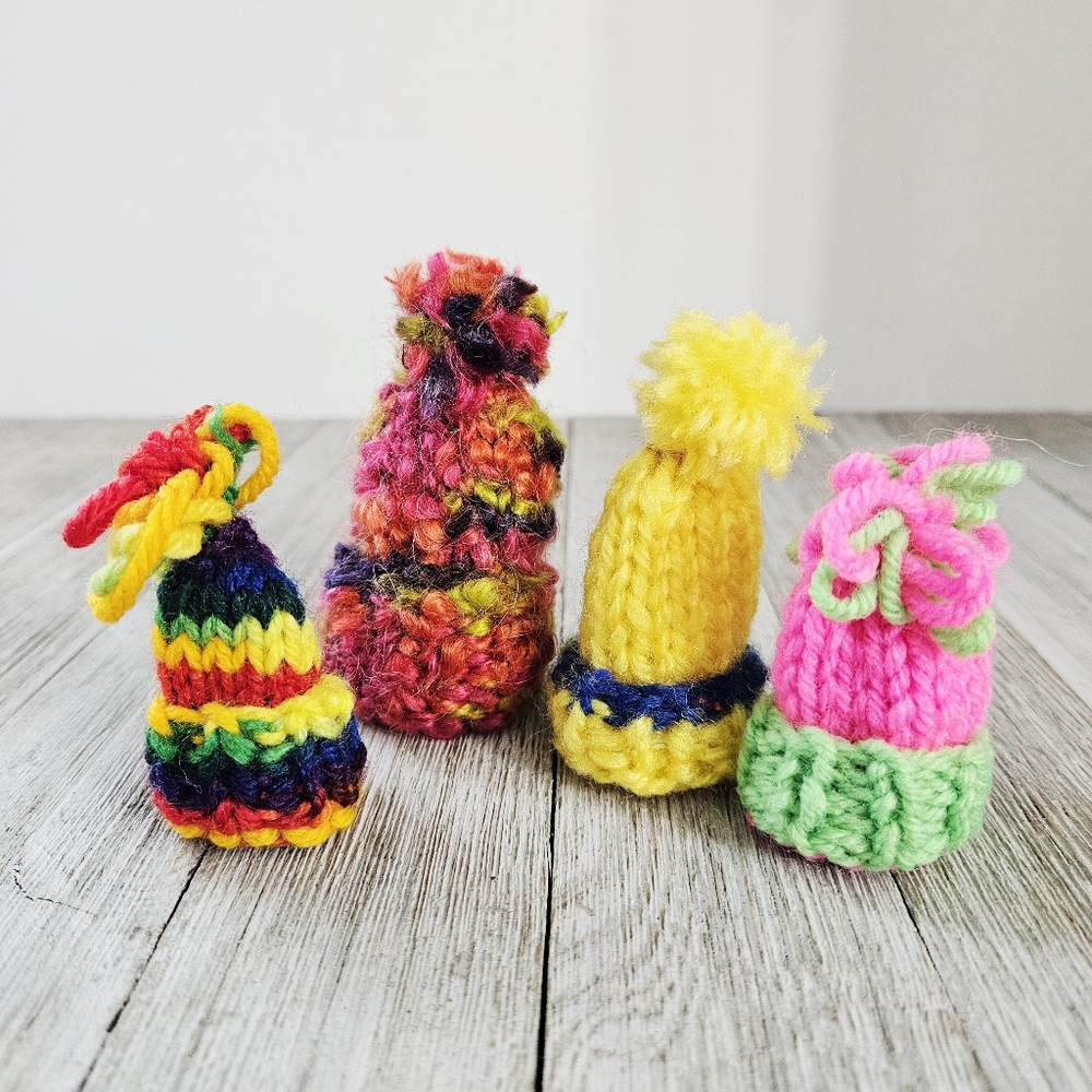 4 Hand Knit Colorful Barbie Doll Pom Pom Topped Handmade Ski Hats Set New!Hand
